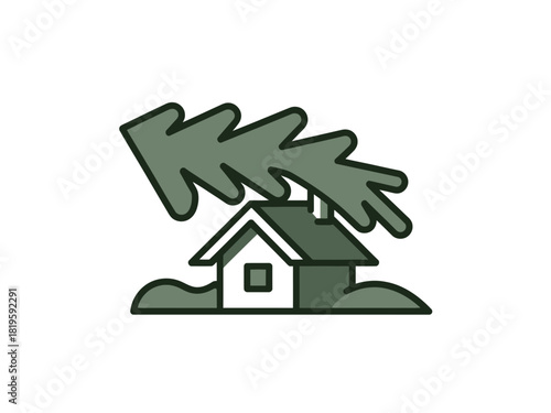 A tree falls onto a house, symbolizing disaster and property damage.