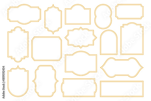 Simple gold frames. Antique geometric border collection, elegant decorative shiny golden elements for greeting card invitation, luxury vintage linear design. Vector frame set