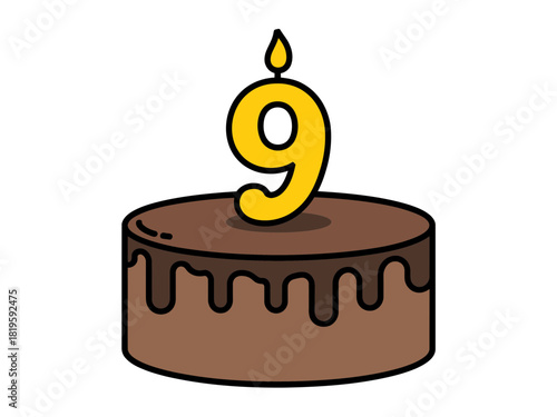 A chocolate cake with a lit number 9 candle sits on top, ready for celebration.