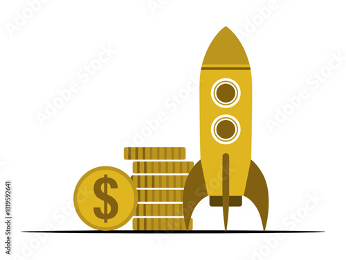 A gold rocket ship stands next to a stack of gold coins with a dollar sign.