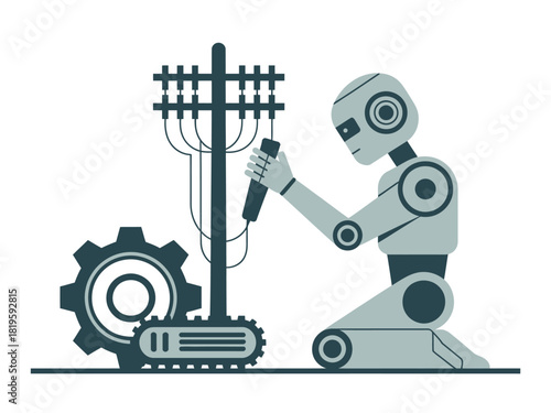 Robot technician works on electrical infrastructure with a gear nearby.