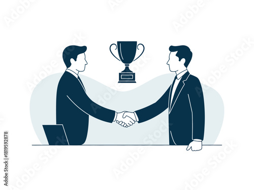 Two businessmen shake hands in front of a trophy, signifying a successful partnership or deal.