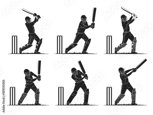 Silhouette of a cricket batsman executing different shots on a white background.