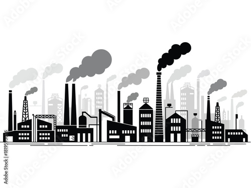 Silhouette of a sprawling industrial complex emitting smoke from its chimneys.