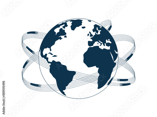 A stylized representation of Earth with orbiting rings suggests global connectivity.