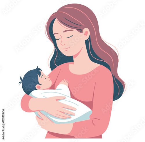 A loving mother gently cradles her sleeping baby in her arms.
