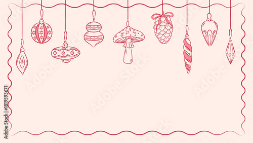 Festive vintage background with hanging Christmas tree decorations. Hand-drawn retro doodles, Christmas garland