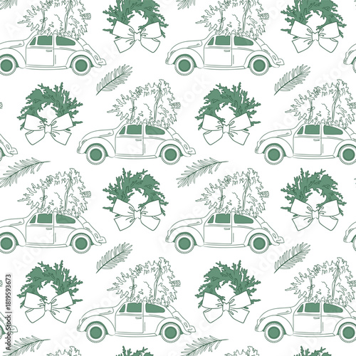 Christmas pattern with car and Christmas tree, green doodles on white background. Fabric swatch, scrapbooking pattern, prints