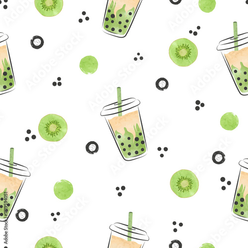 Kiwi bubble tea seamless pattern. Vector background with fruit boba drink in glasses