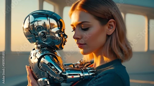 Woman gazing at small humanoid robot baby under warm sunset light