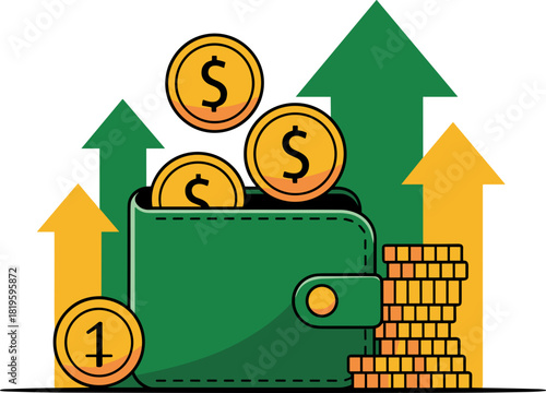 Wallet with coins and rising arrows, symbolizing financial growth and investment