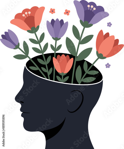 Silhouette of a head with flowers growing from it, symbolizing creativity and growth