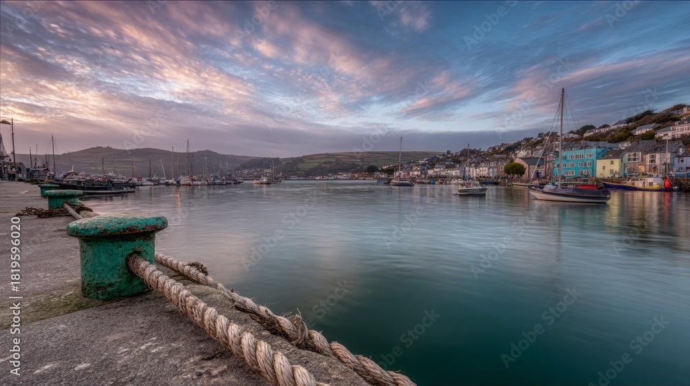 Fototapeta premium Sunset harbor with boats and coastal town reflections. AI generative