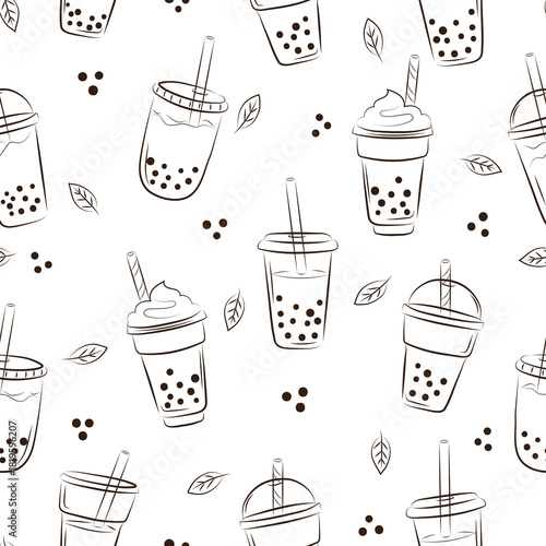 Seamless pattern with doodle bubble tea glasses. Vector cocktail drink illustration