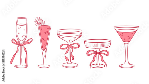Glasses with alcoholic drinks and aperitifs. Doodles with retro alcohol, whimsical bow glasses