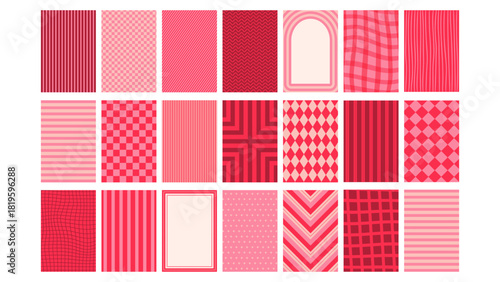 Pink and red whimsical patterns. Retro patterns with checkerboards, rhombs, and stripes in the style of the 1950s. Rectangular backgrounds for nostalgic designs