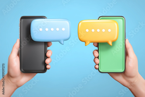 Two people holding cell phones with blue and yellow chat bubbles on them