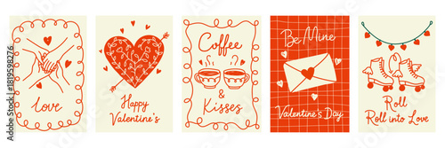 Valentine's day coquette cards, poster set with hand drawn doodle elements. Сute design with whimsical frames, love letter, hands, hearts, roller skates. Perfect for cover, banner, ads