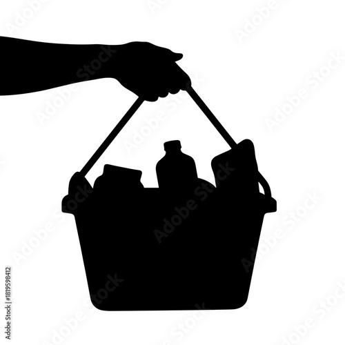 Silhouette of hand holding shopping basket with packaged goods, essential purchase and retail convenience concept