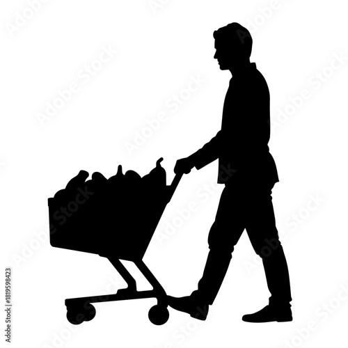 Silhouette of person pushing shopping cart filled with groceries, retail shopping and consumer behavior in daily life