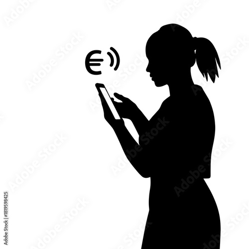 Silhouette of person using smartphone with euro symbol, mobile communication and cost awareness