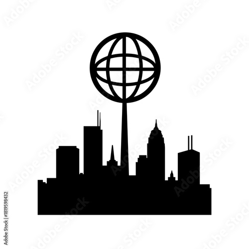 Silhouette of globe icon above city skyline, urban connectivity and global communication in mobile technology