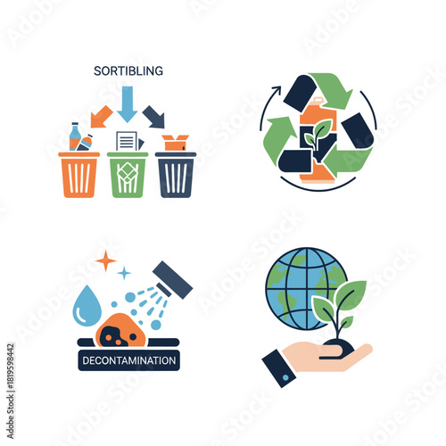 Ecology and recycling process flat icon set for sustainability.