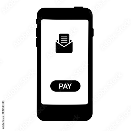 Silhouette of smartphone with bill icon and pay button, mobile payment and utility billing concept