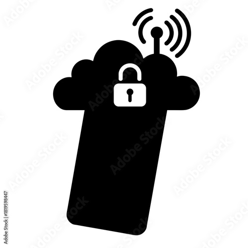 Silhouette of smartphone with VPN lock and cloud, mobile data security and network encryption
