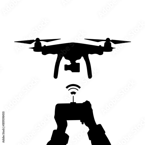 Silhouette of drone controlled with smartphone, wireless technology and remote operation in tech innovation