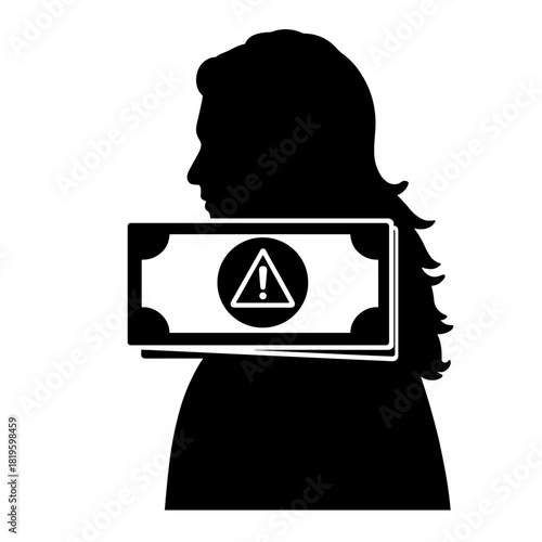 Silhouette of warning icon over counterfeit bill, fraud detection and financial security concept