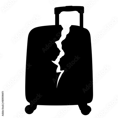 Broken suitcase silhouette with crack in luggage body, travel equipment damage and repair need