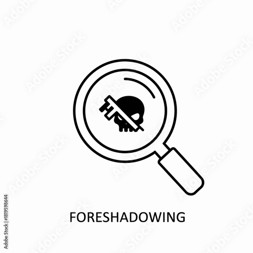 Foreshadowing line icon with magnifying glass over skull and key.