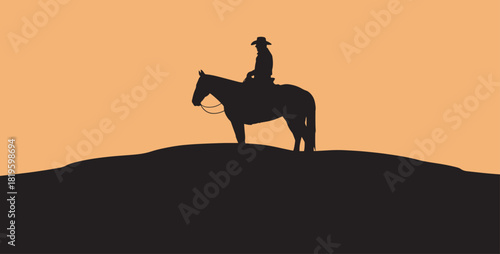 Cowboy on horseback silhouette during sunset on a hill in a simple minimalist desert landscape