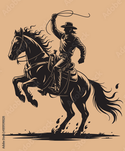 cowboy on rearing horse with lasso black silhouette wild west rodeo vector art