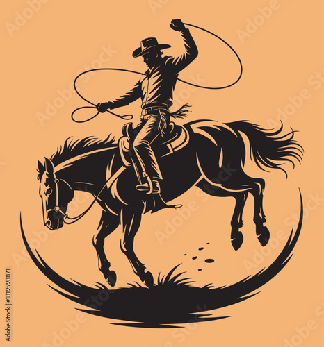Cowboy riding a horse with a lasso in a dynamic gallop western rodeo and equestrian art