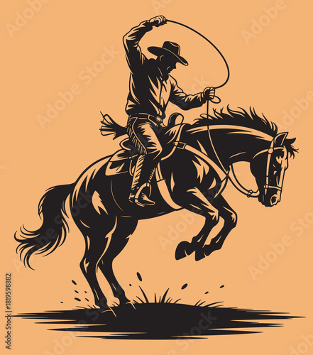 Cowboy riding a horse with a lasso in a jump western rodeo and equestrian illustration