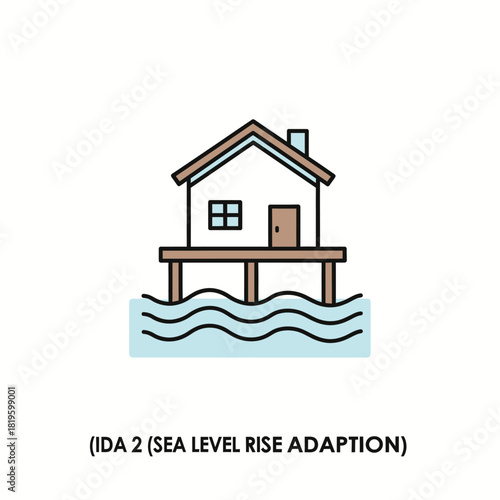 House on stilts above water representing sea level rise adaptation.
