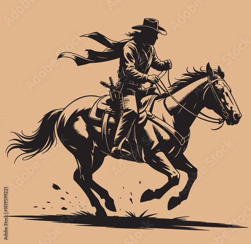 Cowboy riding horse with scarf isolated black silhouette, western cowboy, wild west