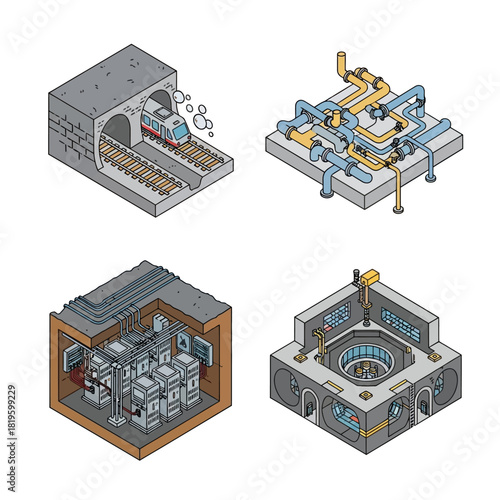 Isometric Illustrations of Industrial and Technological Structures Set.