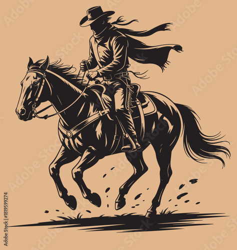 Cowboy riding horse with scarf isolated black silhouette, western cowboy, wild west