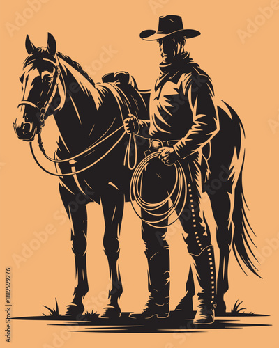 Cowboy standing with horse and lasso vector illustration