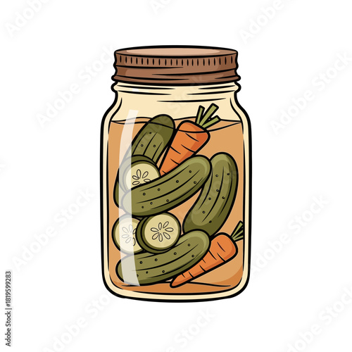 Jar of Pickled Vegetables with Carrots and Cucumbers.