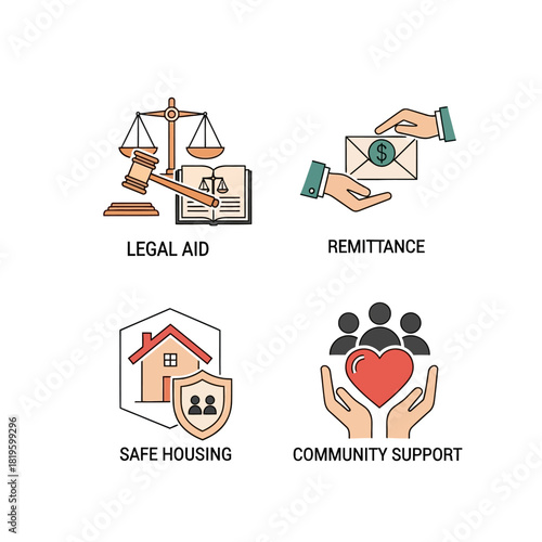 Legal Aid Remittance Safe Housing Community Support Icons Set.