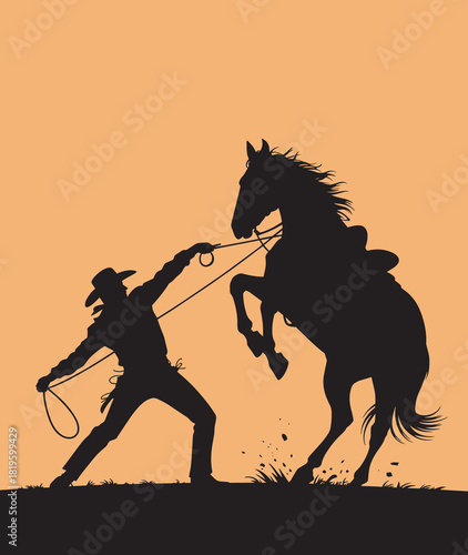 Cowboy with lasso taming a rearing horse silhouette, wild west scene