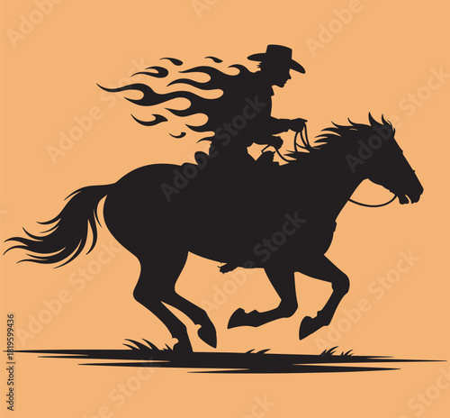 Energetic cowboy riding a powerful horse with a flowing mane and tail