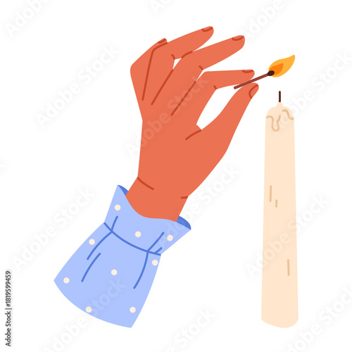 Hand holding a burning match near candle. Holiday and ritual concept. Flat vector illustration isolated on white background