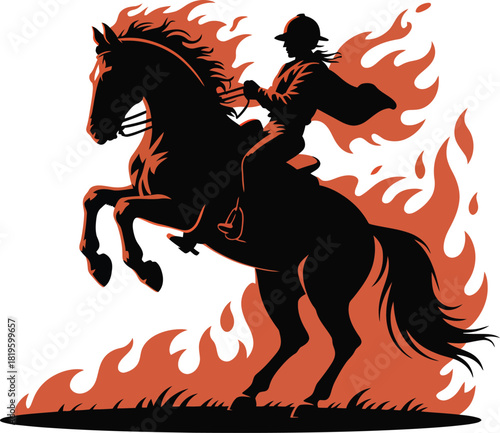 Fiery horse and rider silhouette illustration depicting wild west cowboy or historical figure