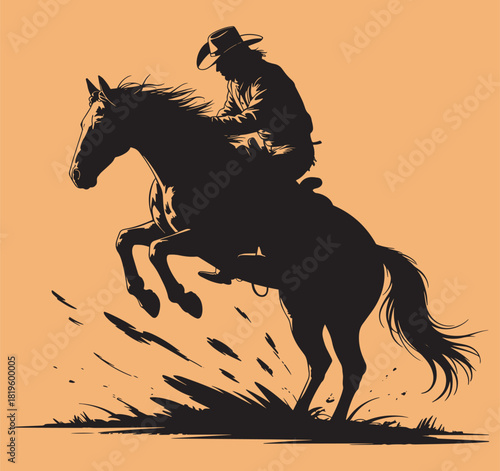 Silhouette cowboy riding bucking horse vector illustration western rodeo event on light background