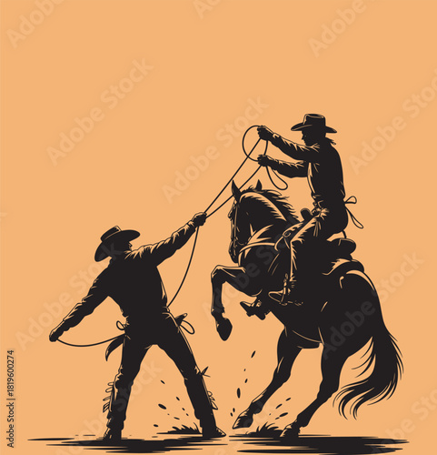 Two cowboys with lasso roping a bucking horse, western rodeo scene